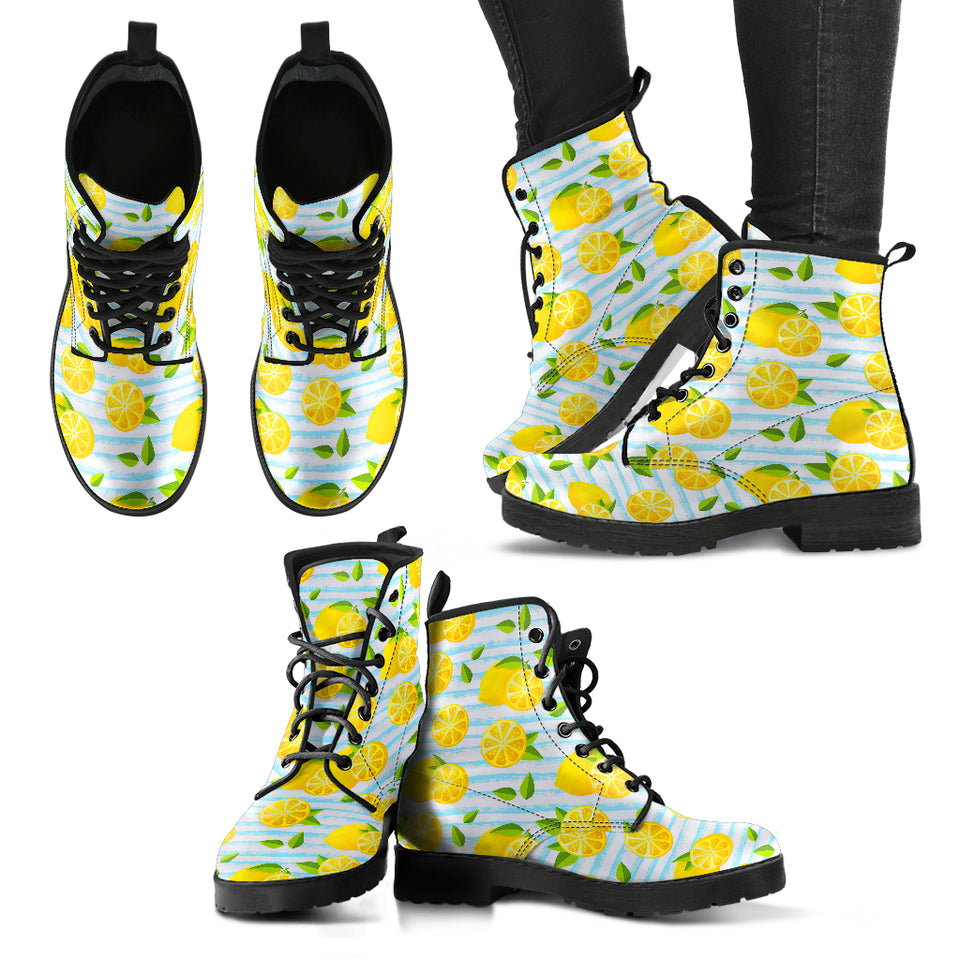 Lemon Pattern Stripe Background Leather Boots