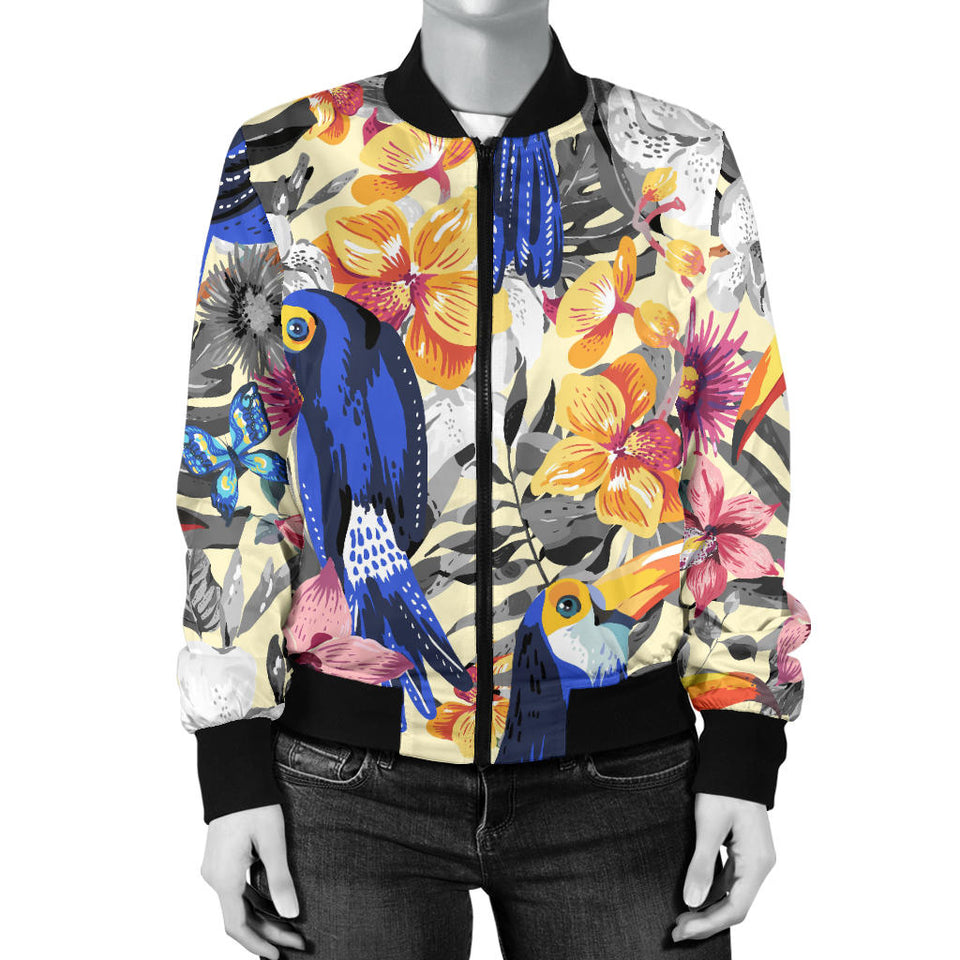 Toucan Leaves Flower Pattern Women Bomber Jacket