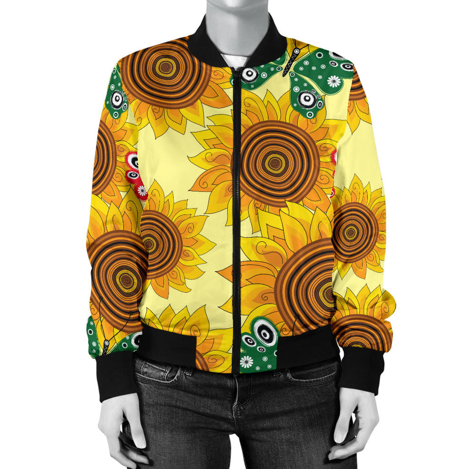 Sunflower Butterfly Pattern Women Bomber Jacket