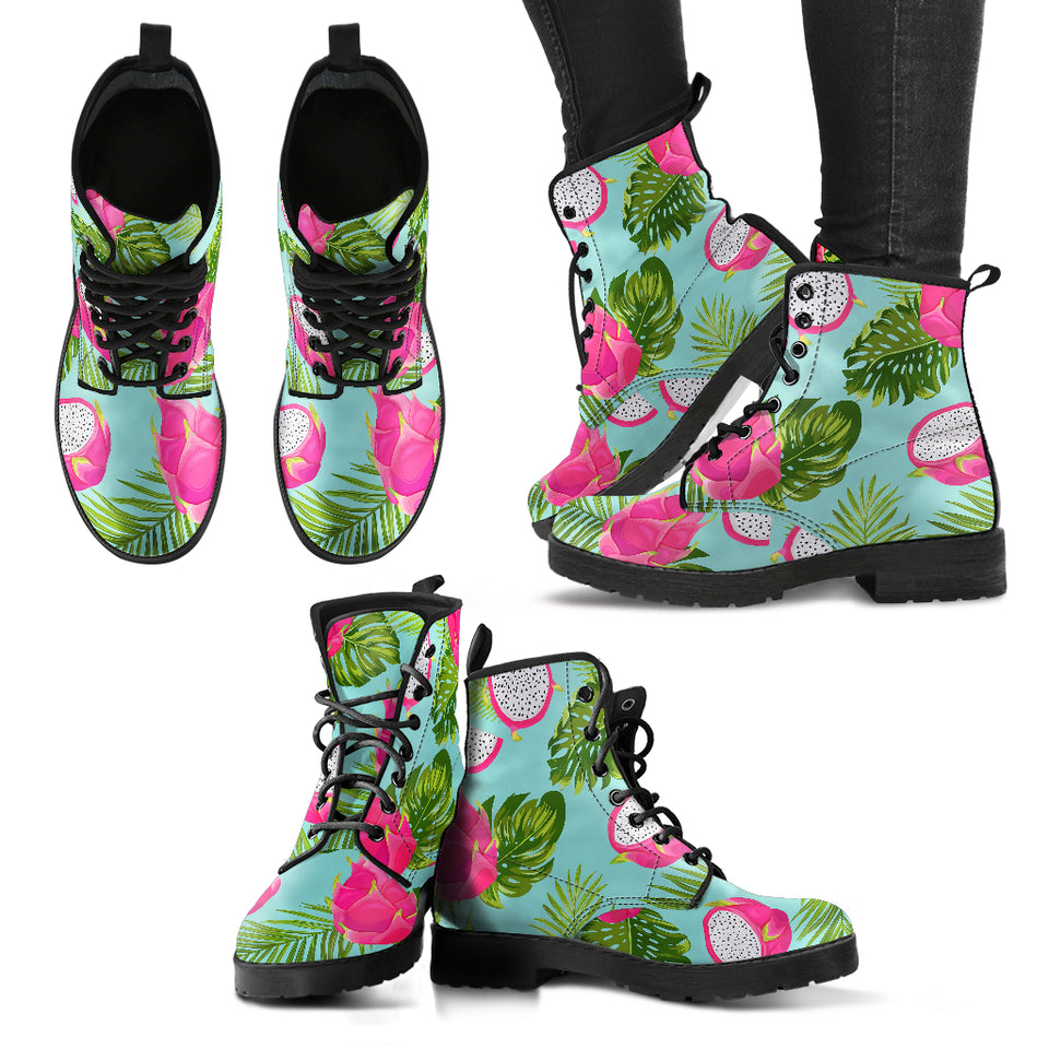 Dragon Fruit Leaves Pattern Leather Boots