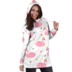 Pink Swan Pattern Women Hoodie Dress