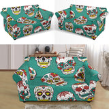 Suger Skull Pattern Green Background Loveseat Couch Slipcover