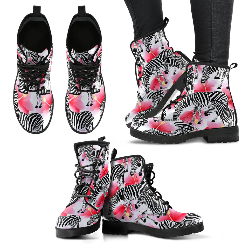 Zebra Red Hibiscus Pattern Leather Boots