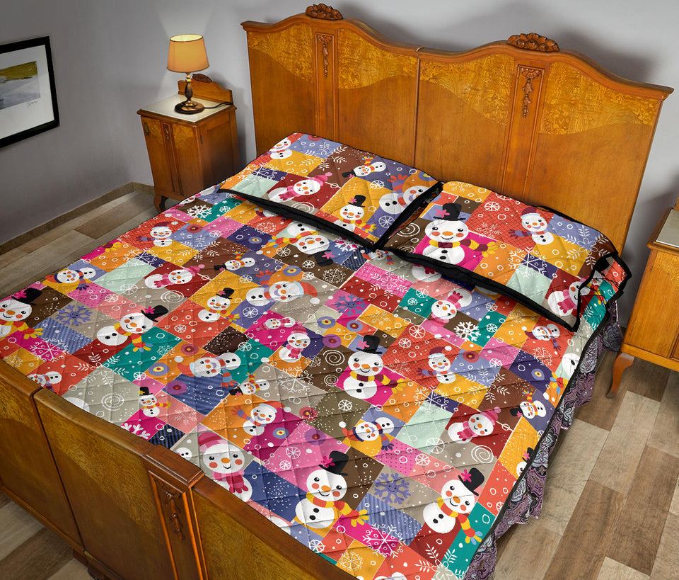 Snowman Colorful Theme Pattern Quilt Bed Set