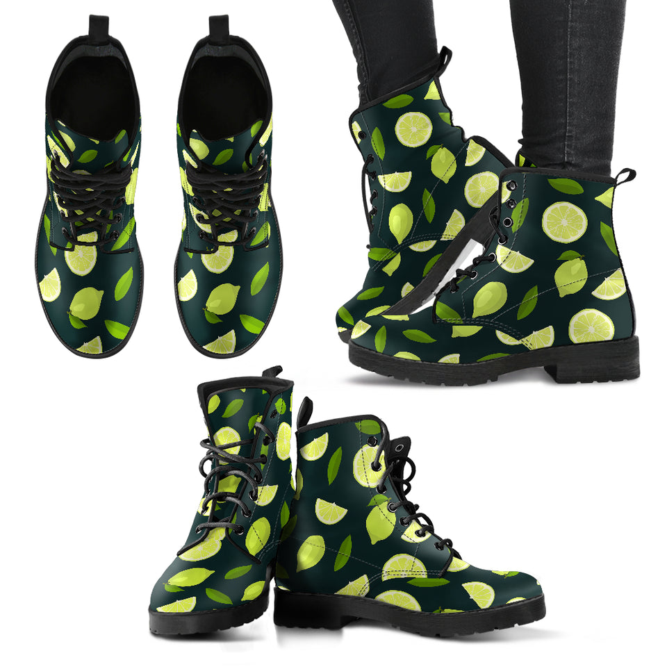 Lime Leaves Pattern Leather Boots