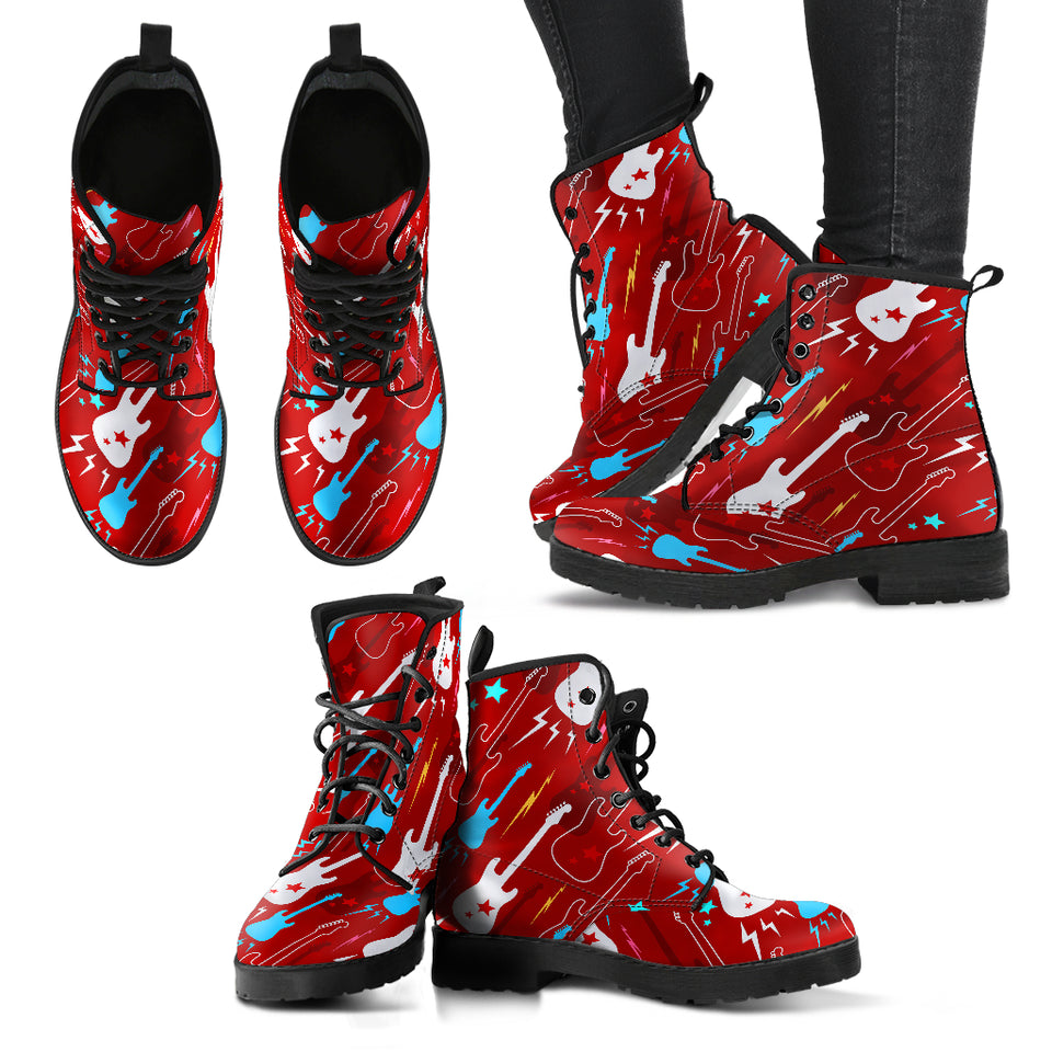 Electical Guitar Red Pattern Leather Boots