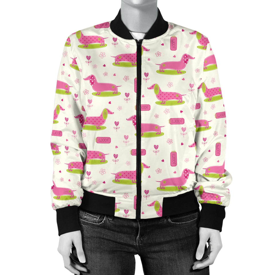 Pink Dachshund Pattern Women Bomber Jacket