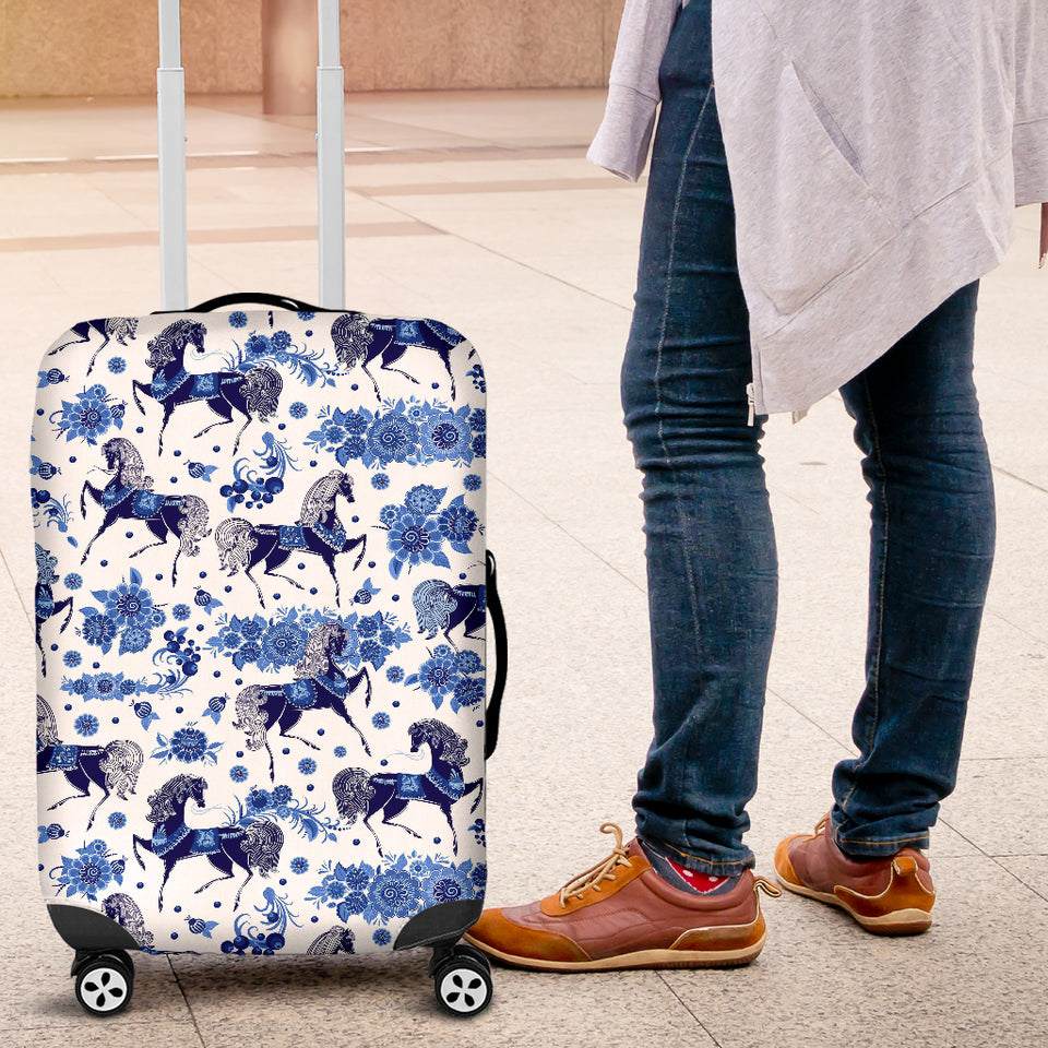 Horse Flower Blue Theme Pattern Luggage Covers