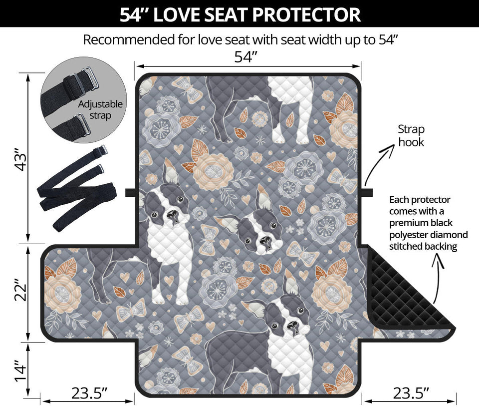 Boston Terrier Flower Pattern Gray Background Loveseat Couch Cover Protector