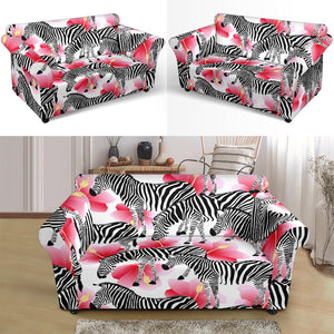 Zebra Red Hibiscus Pattern Loveseat Couch Slipcover