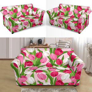 Pink White Tulip Pattern Loveseat Couch Slipcover