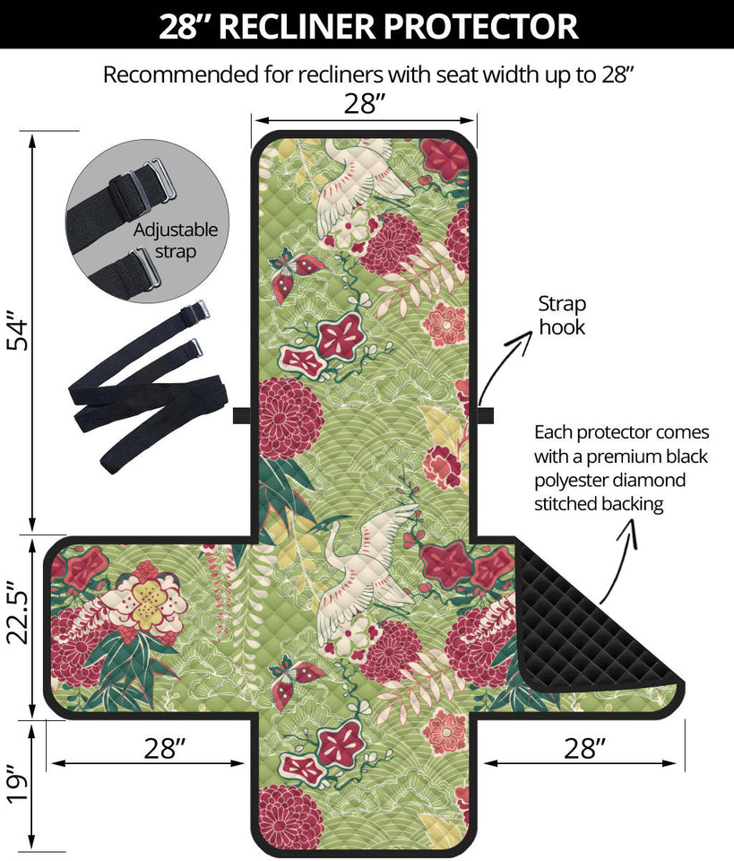 Japanese Crane Green Theme Pattern Recliner Cover Protector