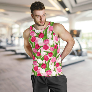 Pink White Tulip Pattern Men Tank Top