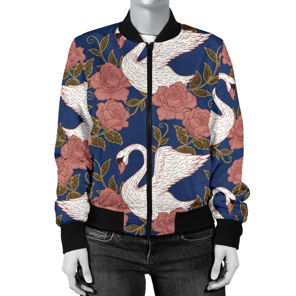 Swan Rose Pattern Women Bomber Jacket