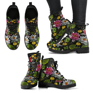 Lotus Waterlily Flower Pattern Background Leather Boots