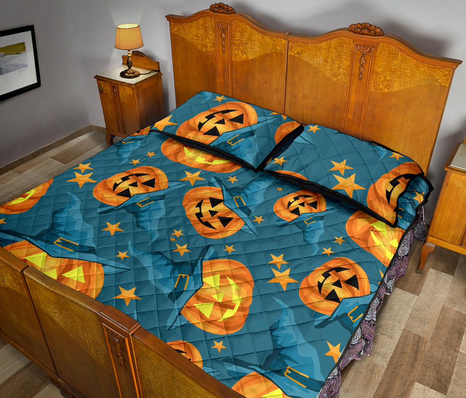 Halloween Pumpkin Witch Hat Pattern Quilt Bed Set