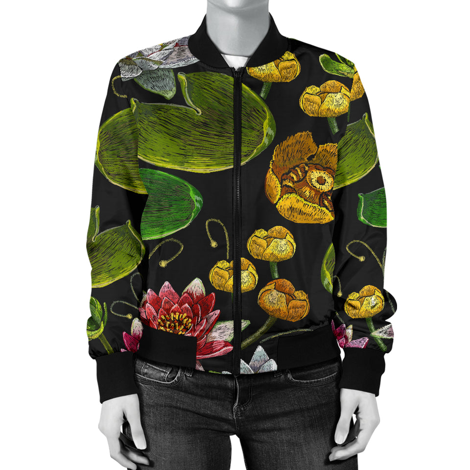 Lotus Waterlily Flower Pattern Background Women Bomber Jacket