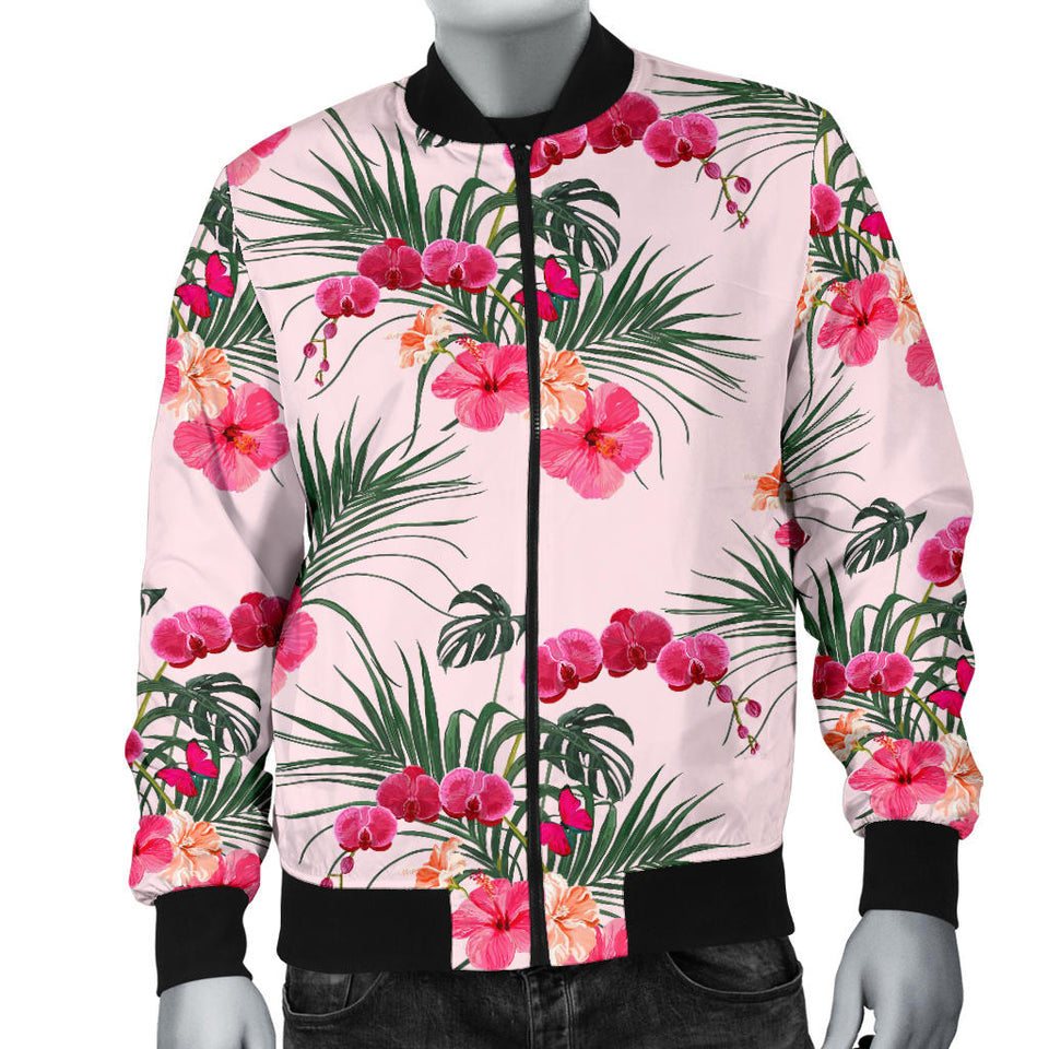 Red Pink Orchid Hibiscus Pattern Men Bomber Jacket