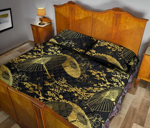 Gold Fan Flower Japanese Pattern Quilt Bed Set