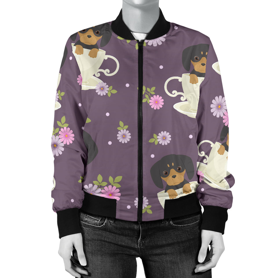 Dachshund in Coffee Cup Flower Pattern Women Bomber Jacket