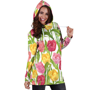 Pink Red Yellow Tulip Pattern Women Hoodie Dress