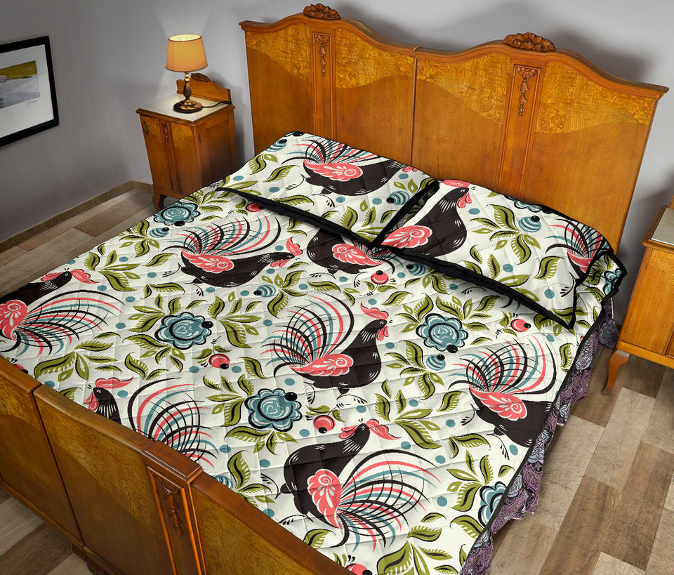 Rooster Chicken Leaves Pattern Quilt Bed Set