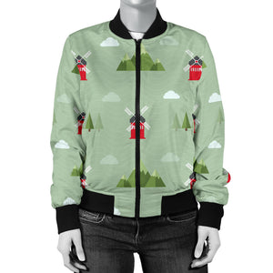 Windmill Green Pattern Women Bomber Jacket