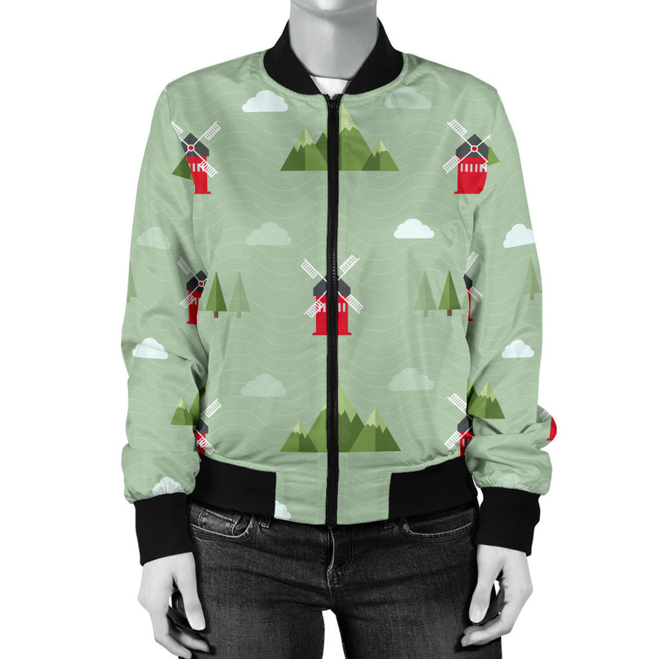 Windmill Green Pattern Women Bomber Jacket