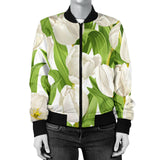 White Tulip Pattern Women Bomber Jacket