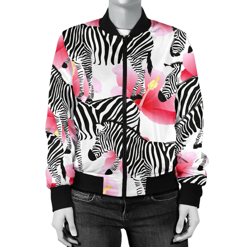 Zebra Red Hibiscus Pattern Women Bomber Jacket