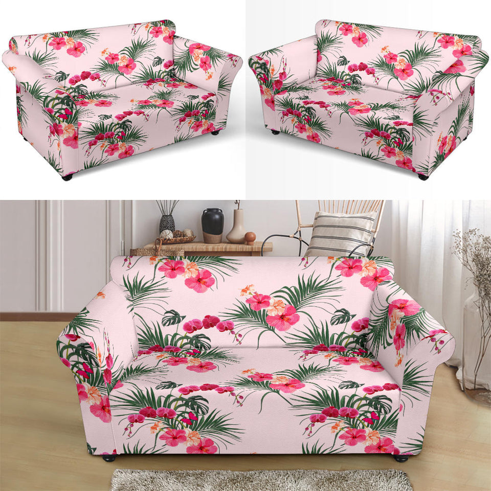 Red Pink Orchid Hibiscus Pattern Loveseat Couch Slipcover