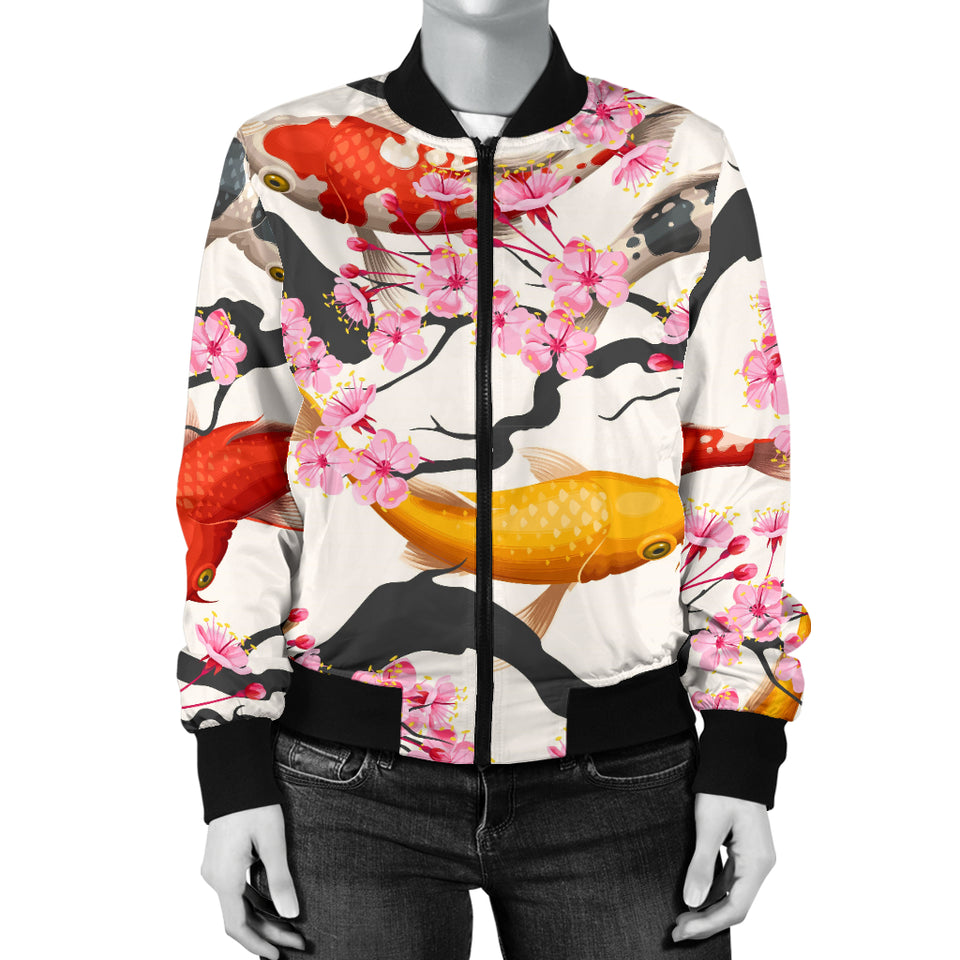 Colorful Koi Fish Carp Fish and Sakura Pattern Women Bomber Jacket