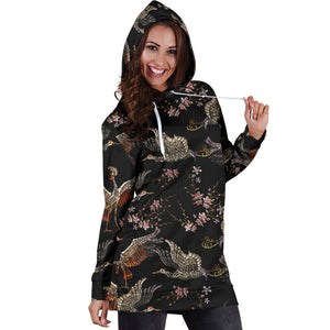 Japanese Crane Pattern Background Women Hoodie Dress