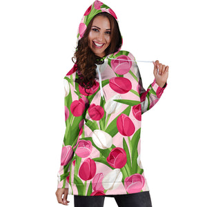 Pink White Tulip Pattern Women Hoodie Dress