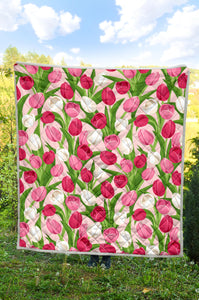 Pink White Tulip Pattern Premium Quilt White