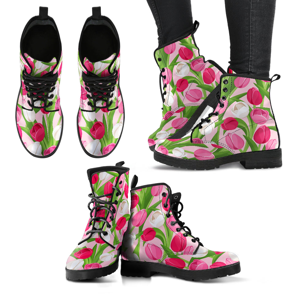 Pink White Tulip Pattern Leather Boots