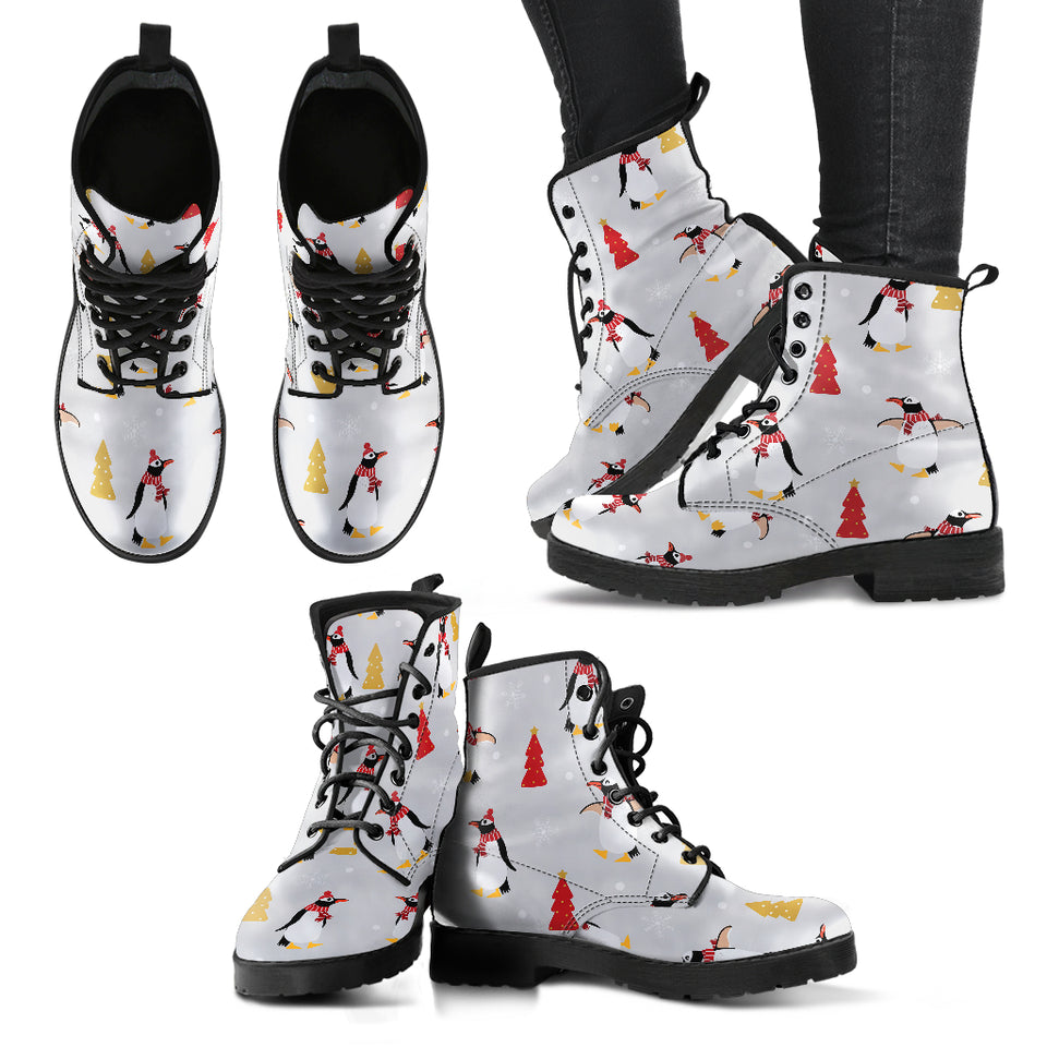 Penguin Christmas Tree Pattern Leather Boots