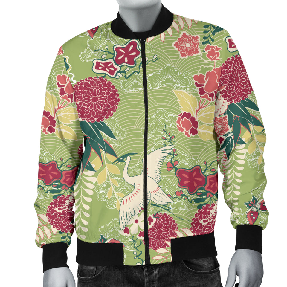 Japanese Crane Green Theme Pattern Men Bomber Jacket