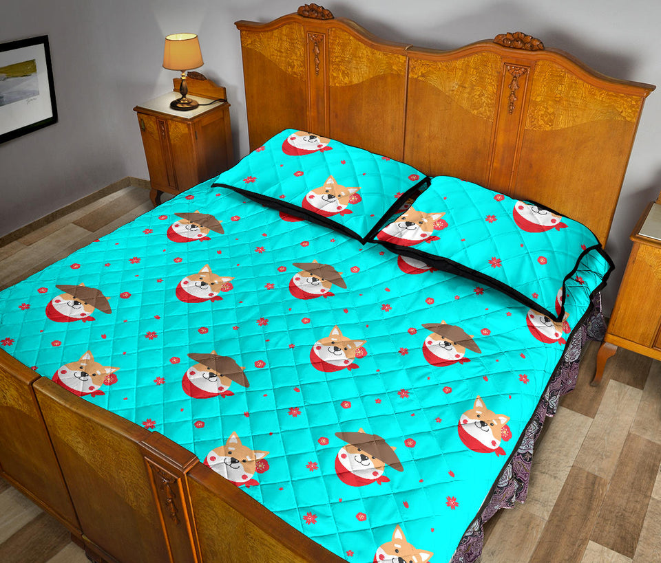 Shiba Inu Japanese Hat Pattern Quilt Bed Set