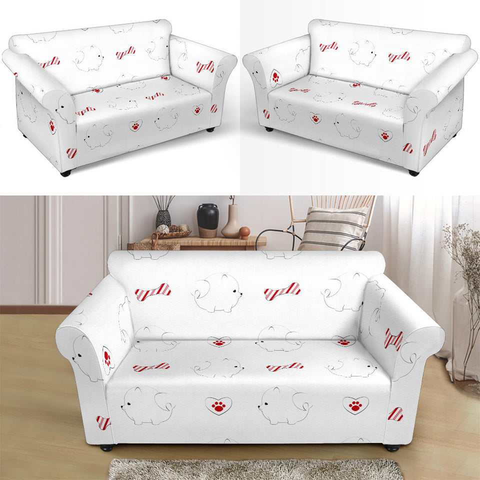 White Pomeranian Pattern Loveseat Couch Slipcover