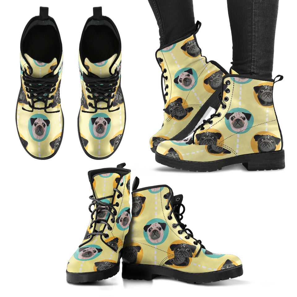 Pug Head Pattern Leather Boots