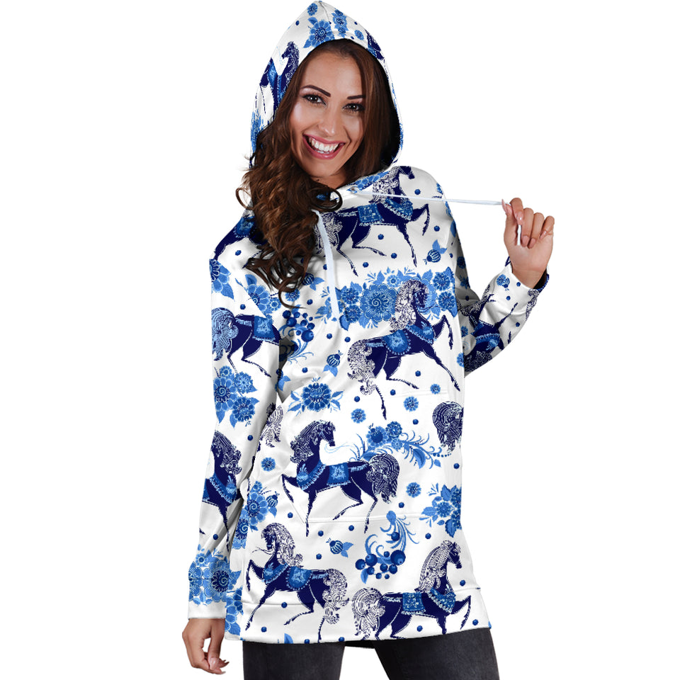 Horse Flower Blue Theme Pattern Women Hoodie Dress