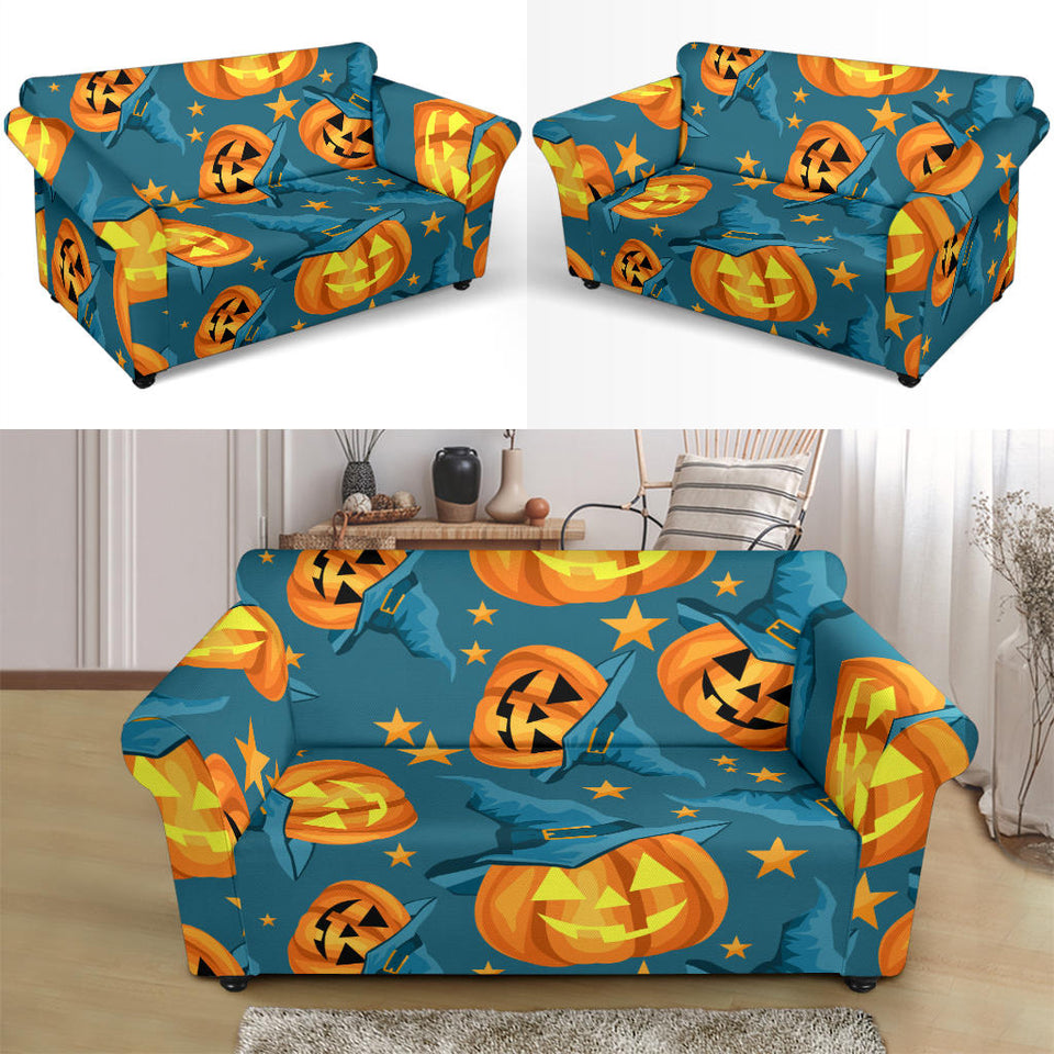 Halloween Pumpkin Witch Hat Pattern Loveseat Couch Slipcover