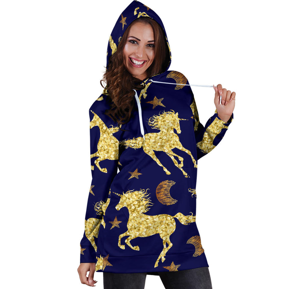 Unicorn Gold Pattern Women Hoodie Dress