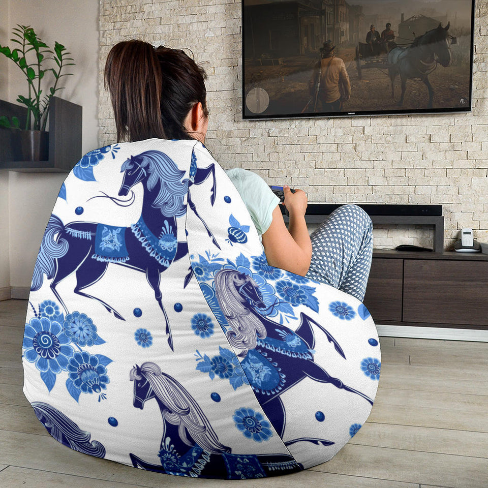 Horse Flower Blue Theme Pattern Bean Bag Cover