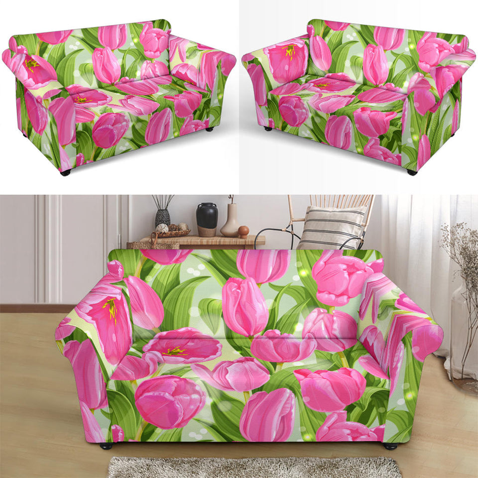 Pink Tulip Pattern Loveseat Couch Slipcover