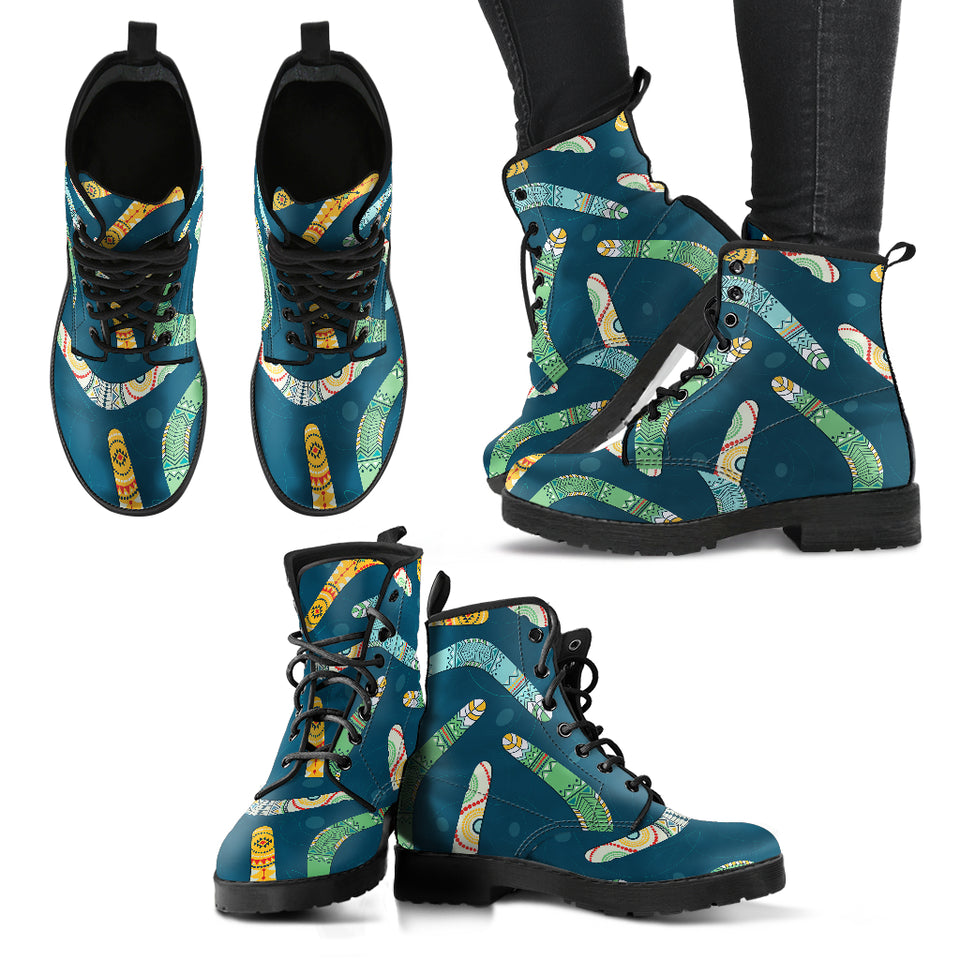 Boomerang Aboriginal Pattern Dark Background Leather Boots