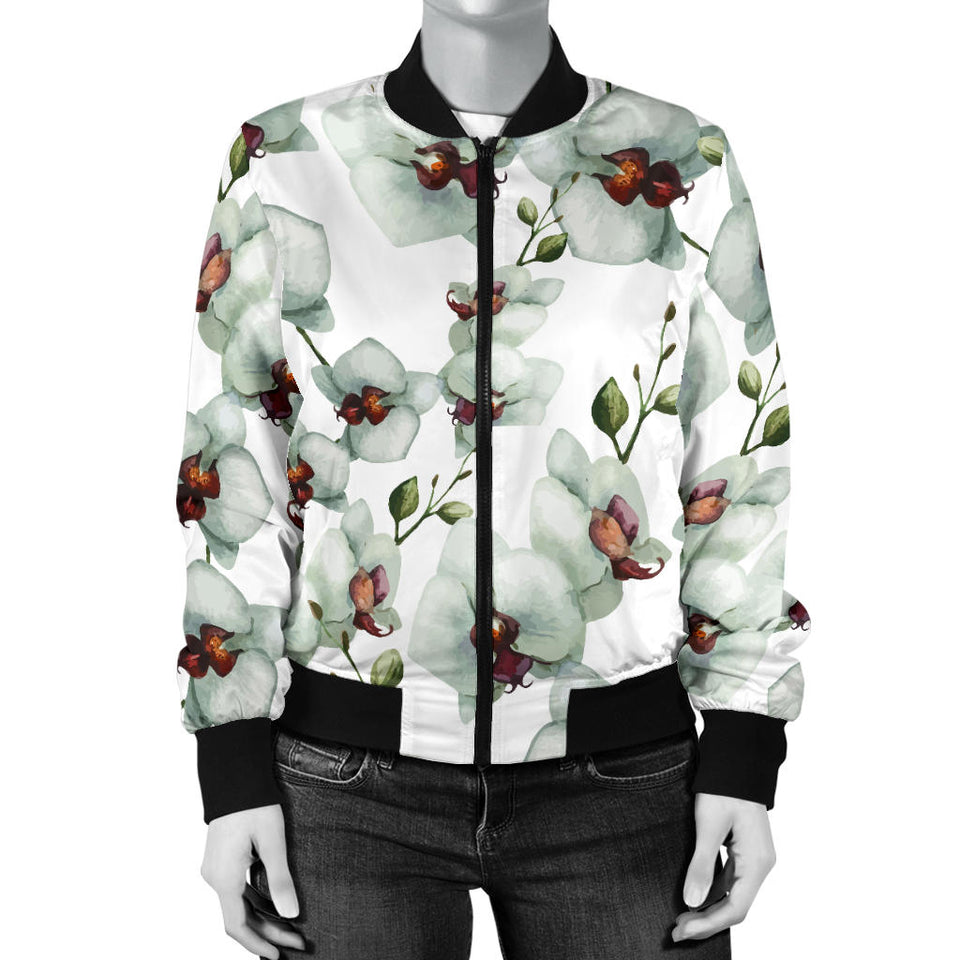 White Orchid Pattern Women Bomber Jacket