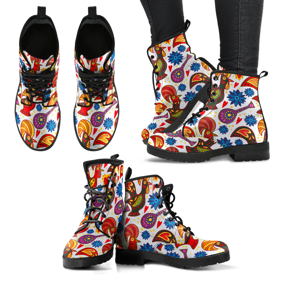 Colorful Rooster Chicken Guitar Pattern Leather Boots