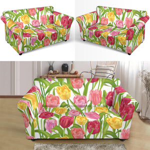 Pink Red Yellow Tulip Pattern Loveseat Couch Slipcover